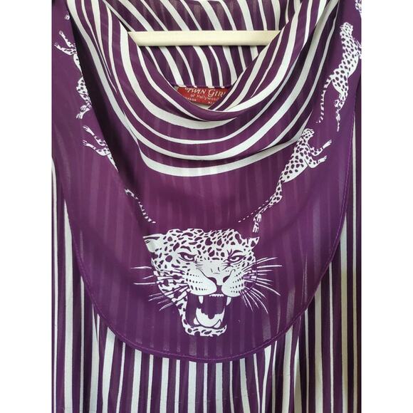 Vintage 70s Twin Girl of Hollywood Striped Cheetah Fun Purple Midi Dress, Medium - Picture 3 of 16